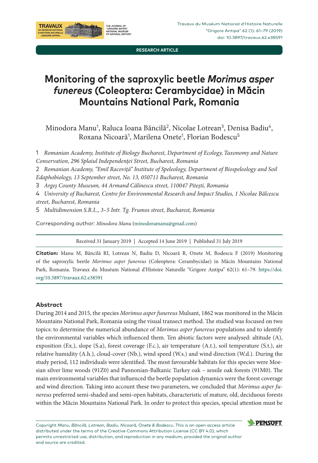 Monitoring of the Saproxylic Beetle Morimus Asper Funereus (Coleoptera: Cerambycidae) in Măcin Mountains National Park, Romania