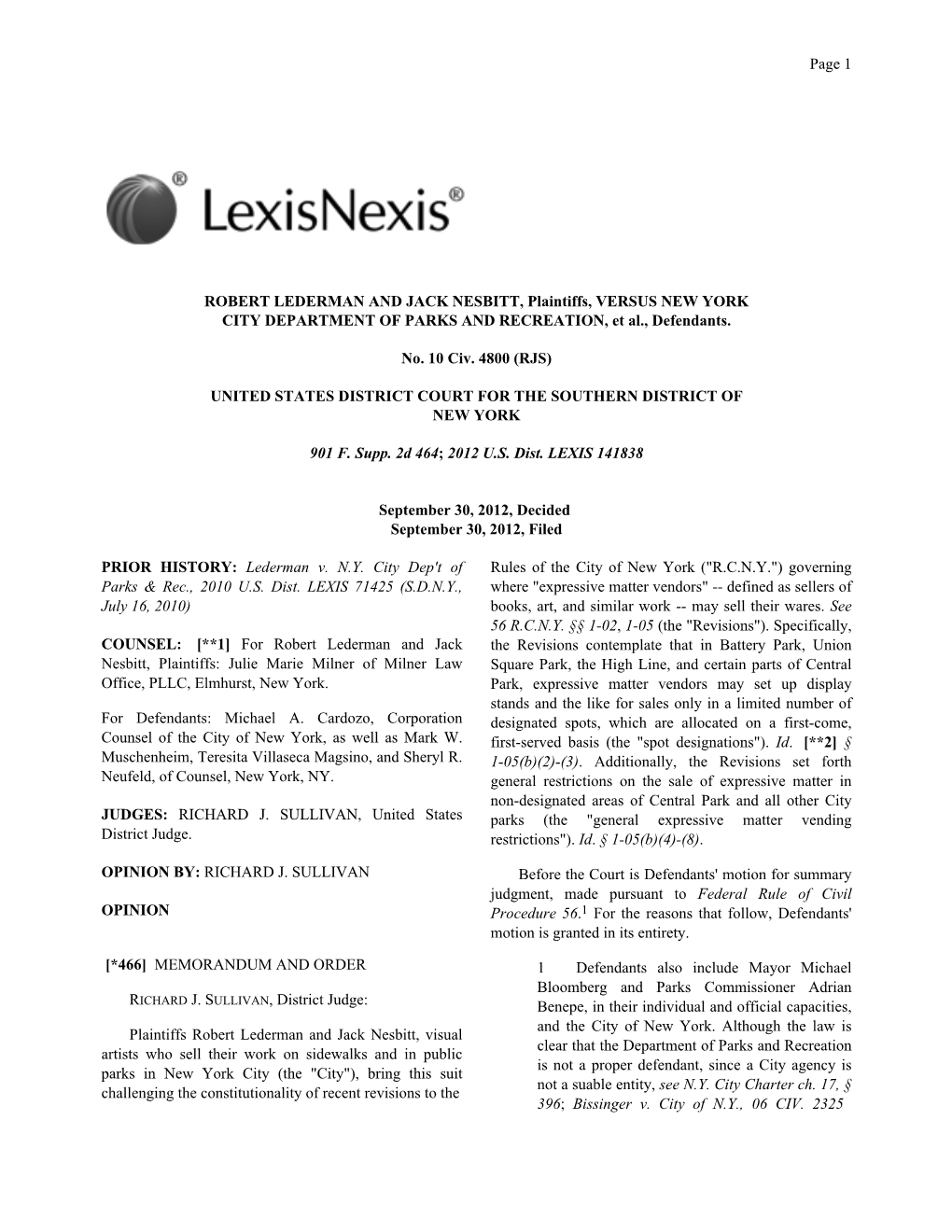 ROBERT LEDERMAN and JACK NESBITT, Plaintiffs, VERSUS NEW YORK CITY DEPARTMENT of PARKS and RECREATION, Et Al., Defendants