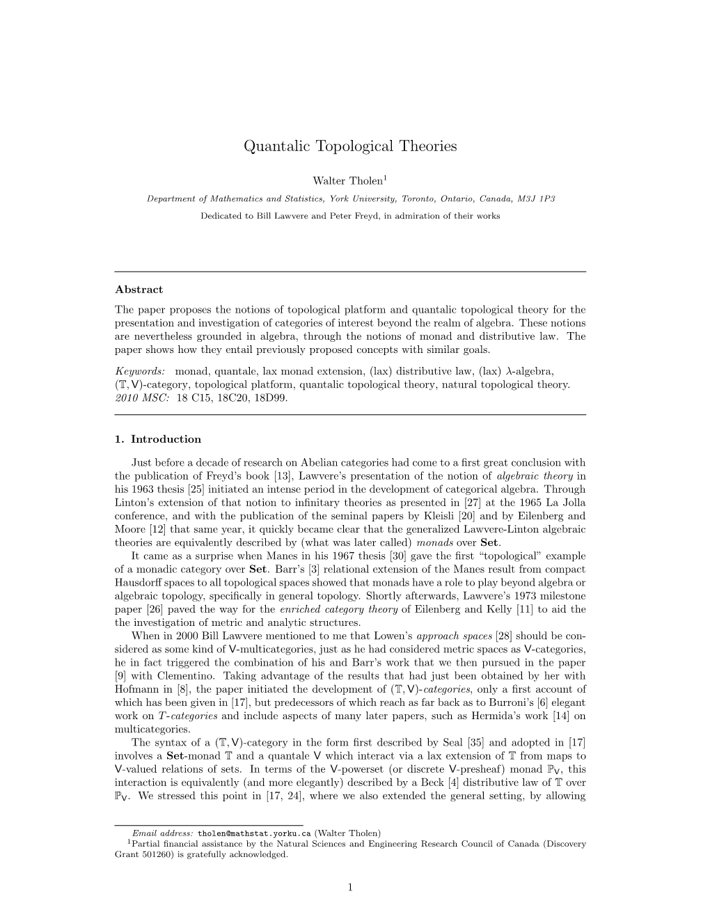 Quantalic Topological Theories