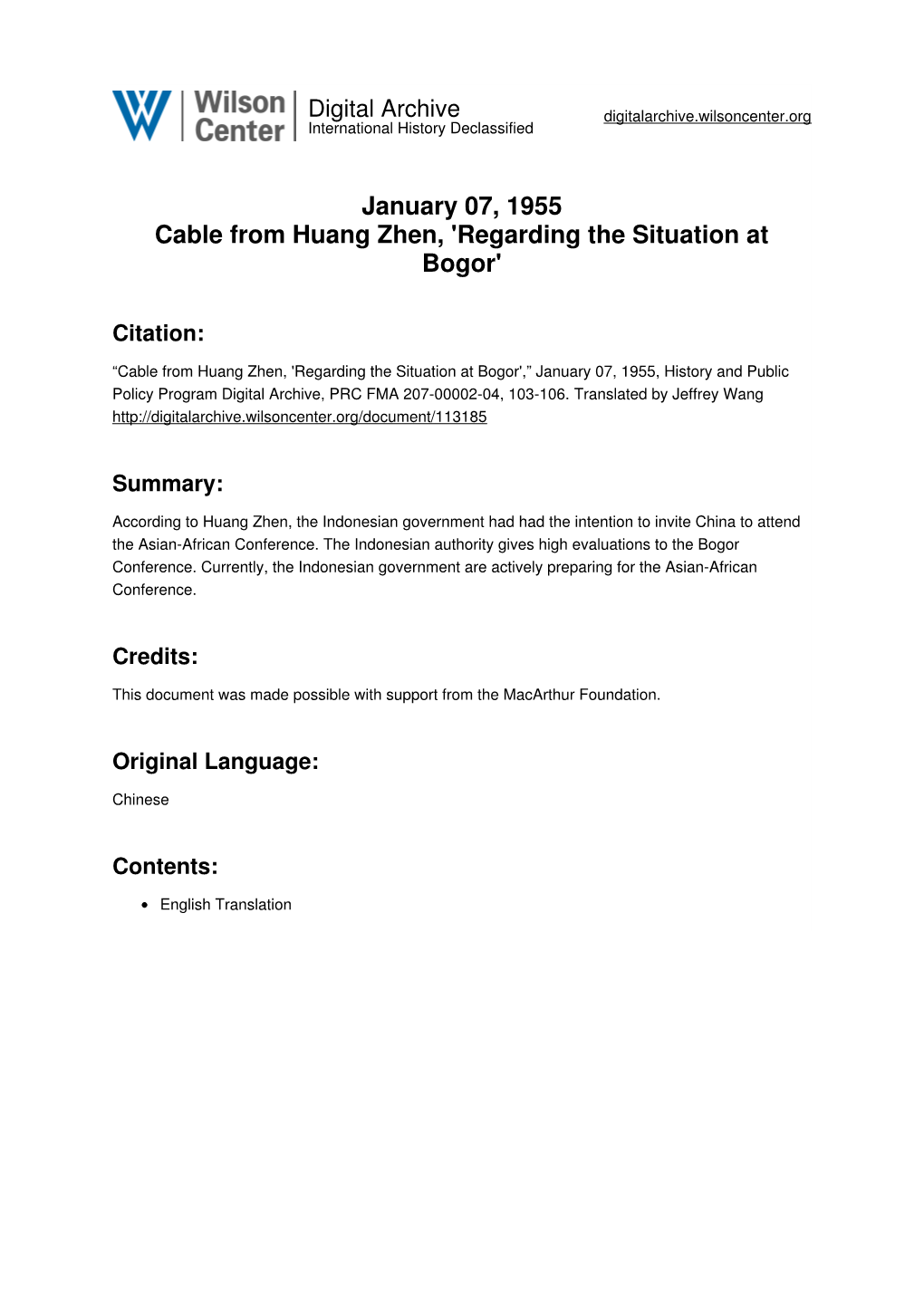 January 07, 1955 Cable from Huang Zhen, 'Regarding the Situation at Bogor'