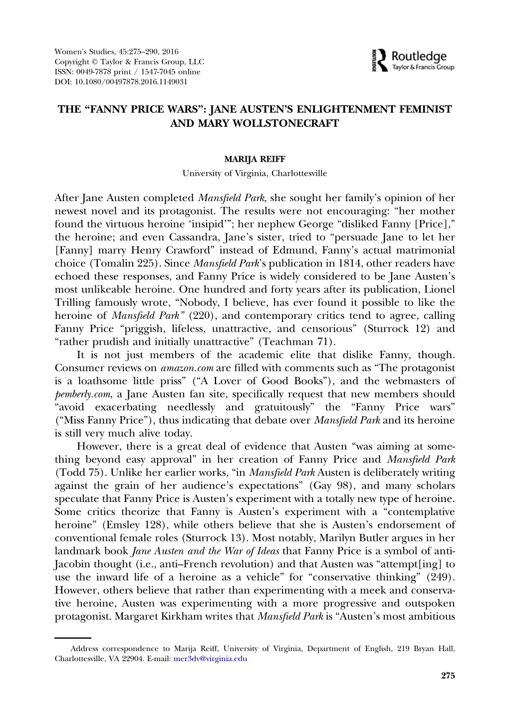 Fanny Price Wars”: Jane Austen’S Enlightenment Feminist and Mary Wollstonecraft