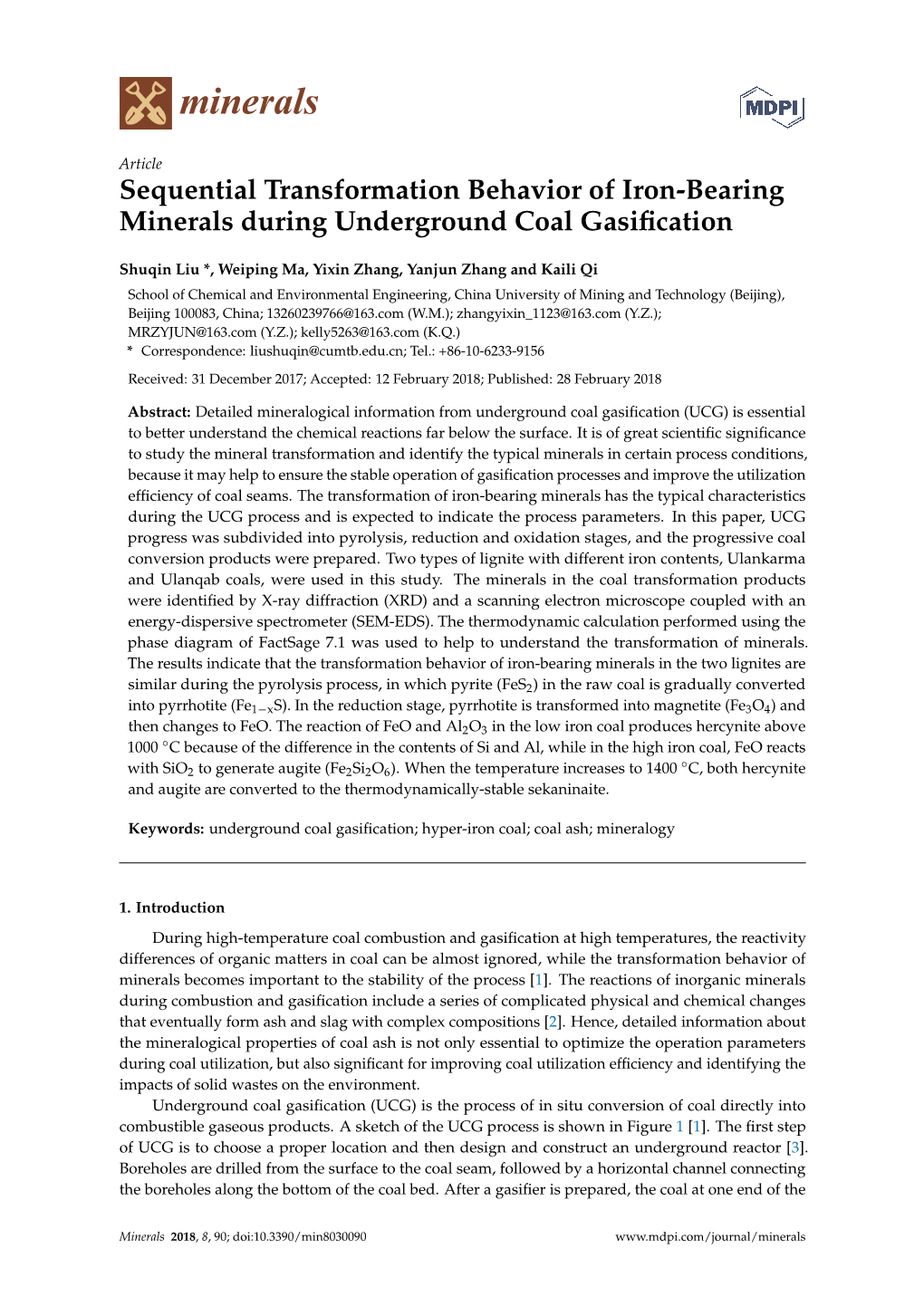 Sequential Transformation Behavior of Iron-Bearing Minerals During Underground Coal Gasiﬁcation