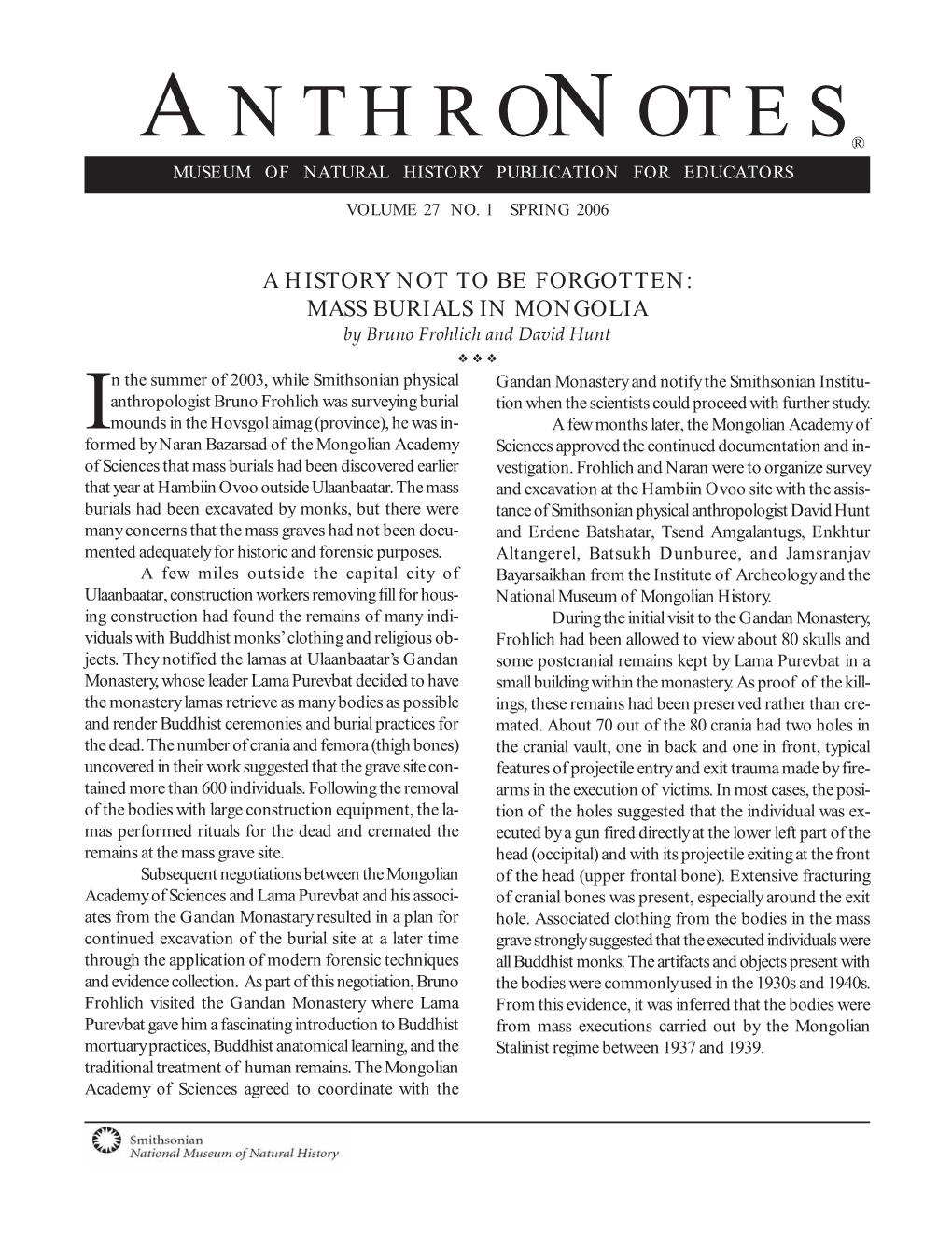 FORENSIC ANTHROPOLOGY at the SMITHSONIAN INSTITUTION by David Hunt ˜ ˜ ˜