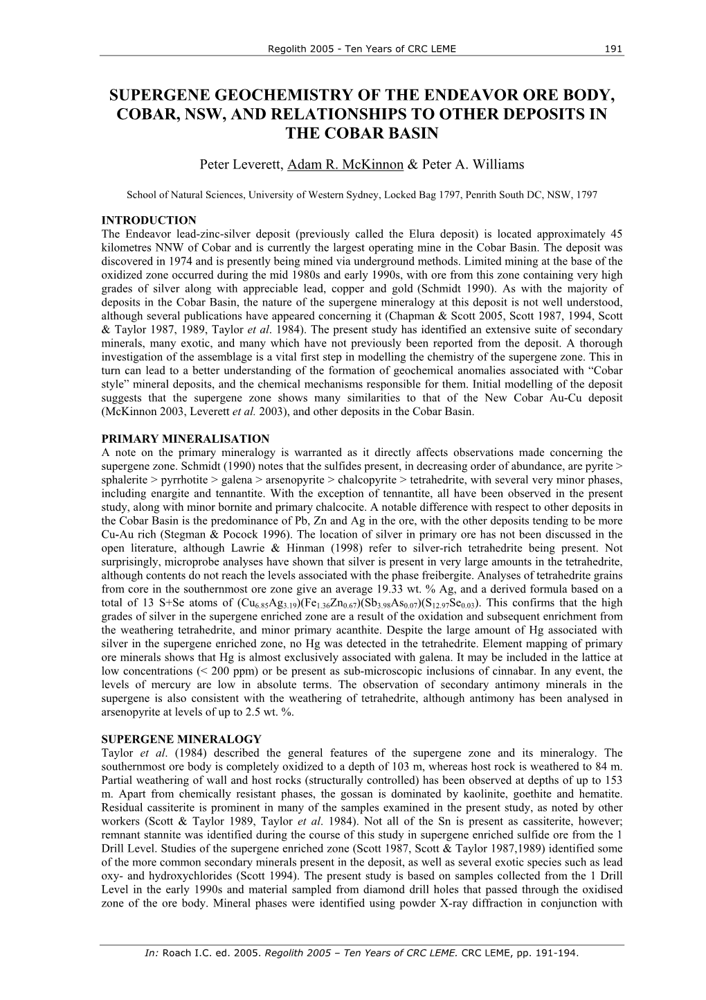 Supergene Mineralogy of the Endeavour Deposit, Cobar