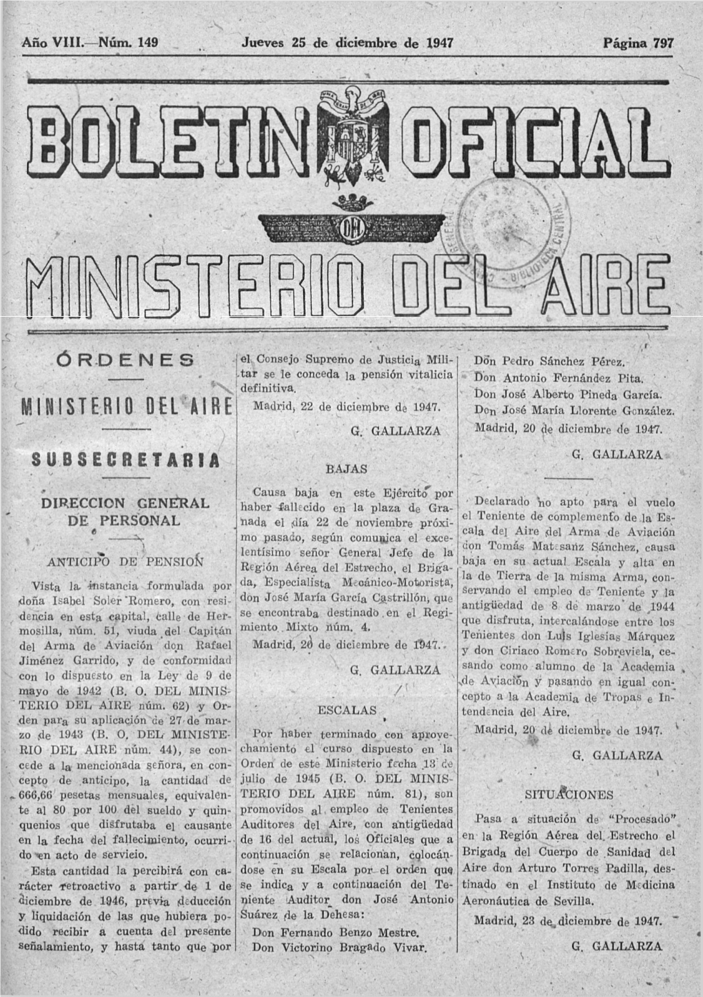 MINISTERIO DEL AIRE Madrid) 22 De Dicienibre De 1947