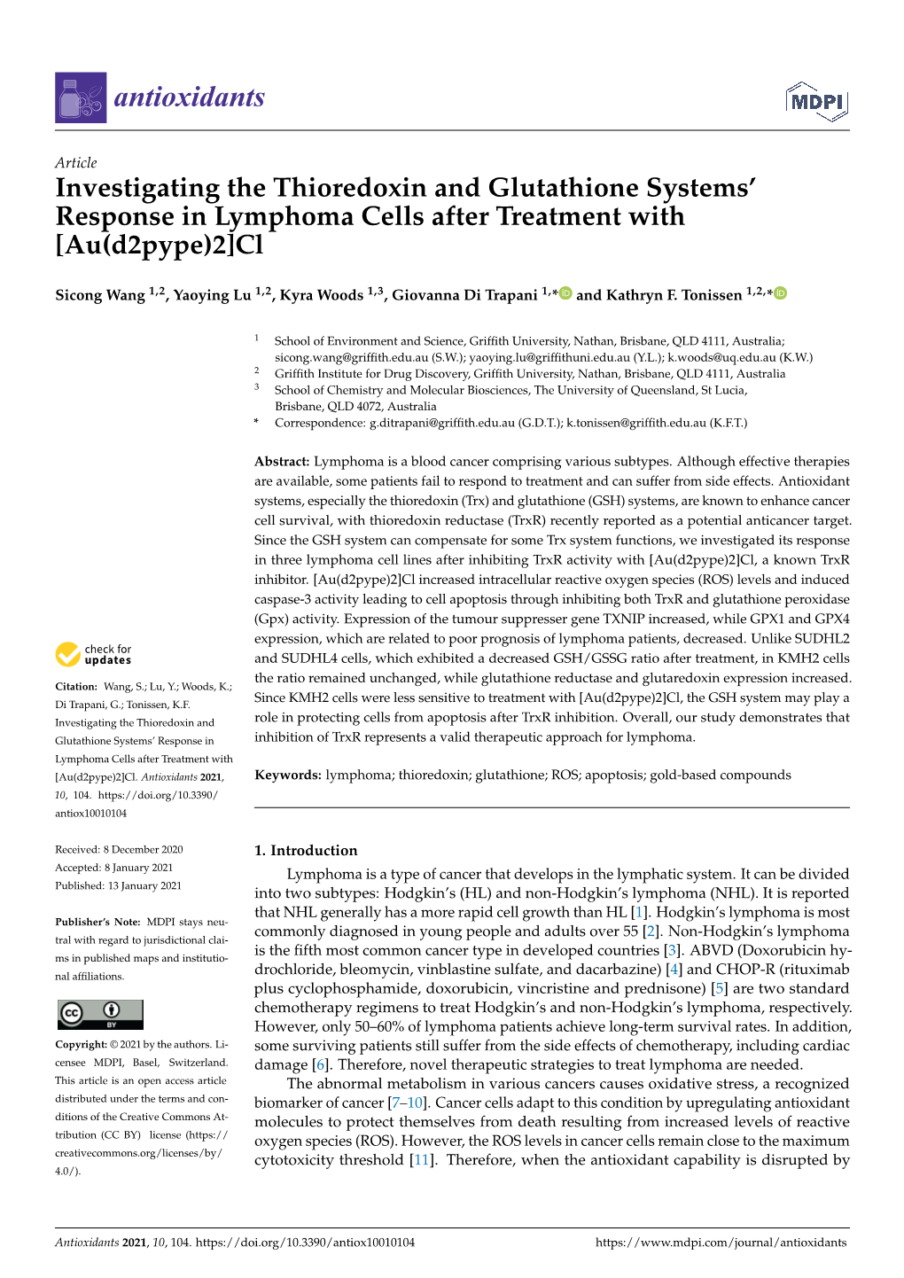 Investigating the Thioredoxin and Glutathione Systems' Response in Lymphoma Cells After Treatment With