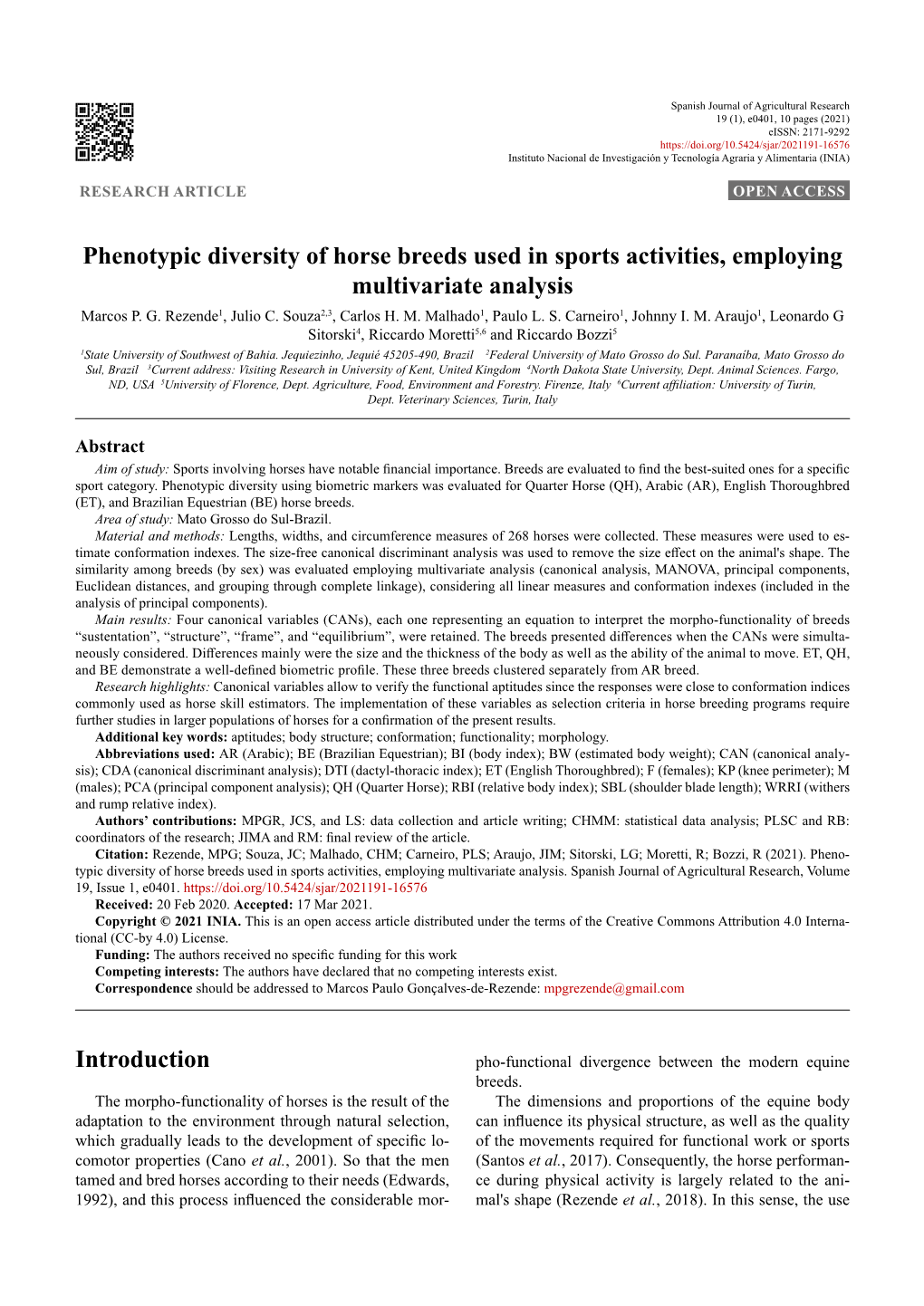 Phenotypic Diversity of Horse Breeds Used in Sports Activities, Employing Multivariate Analysis Marcos P