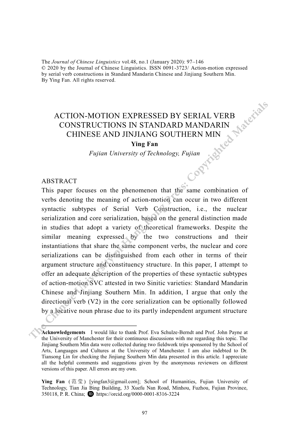 Action-Motion Expressed by Serial Verb Constructions in Standard Mandarin Chinese and Jinjiang Southern Min