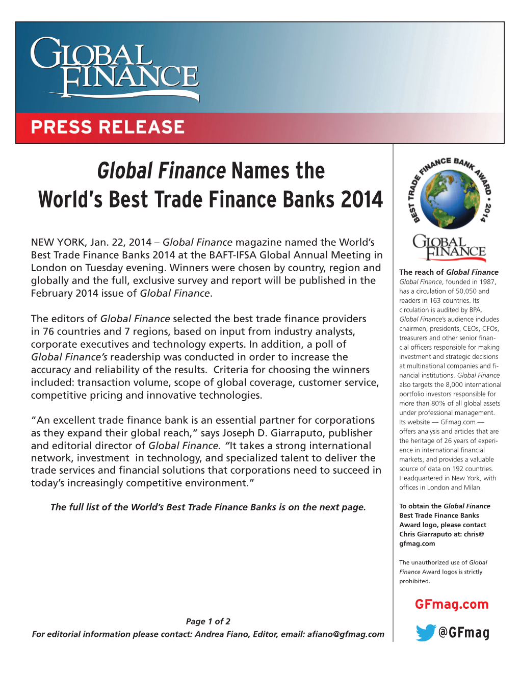 Global Finance Names the World's Best Trade Finance Banks 2014