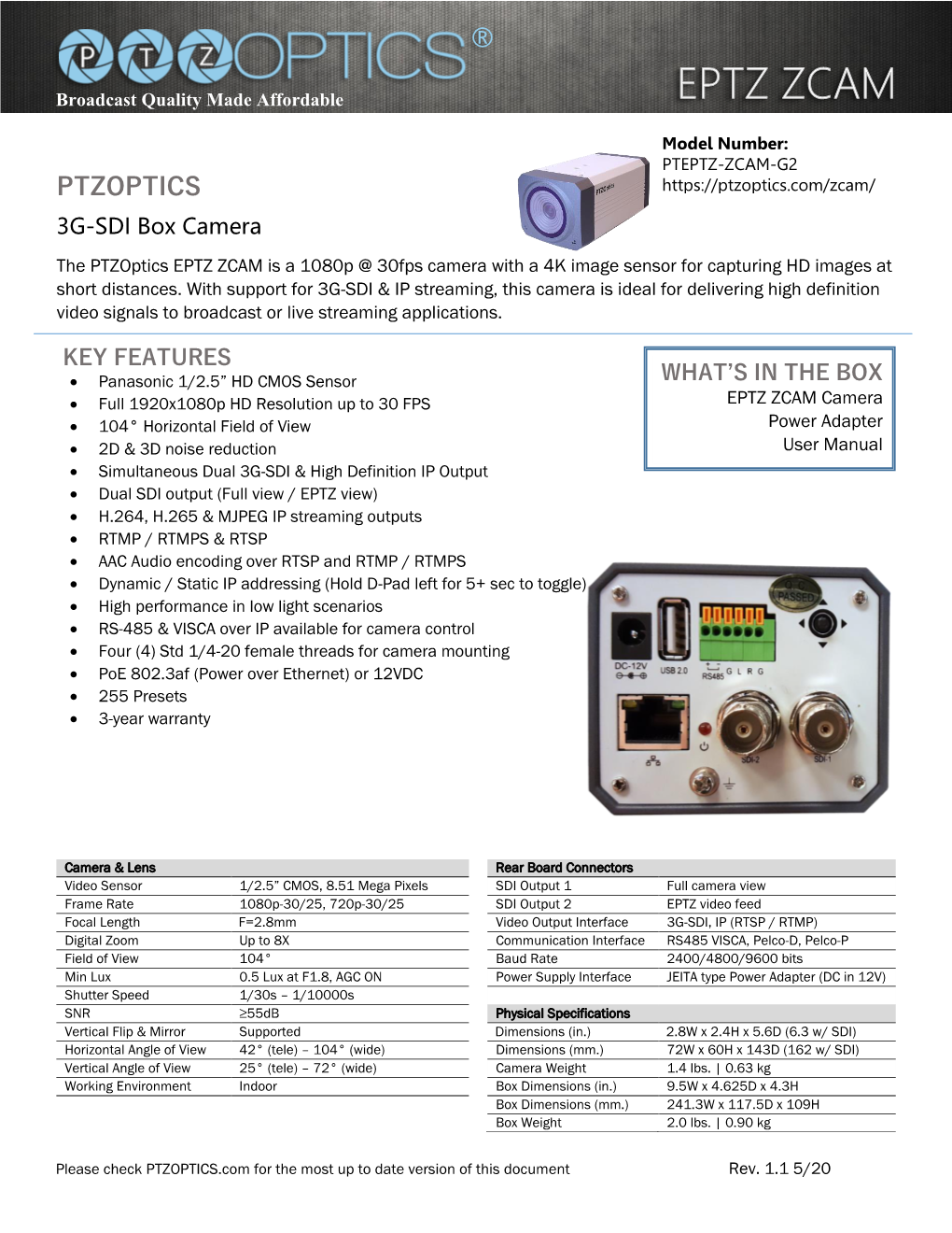 PTEPTZ-ZCAM-G2 Data Sheet