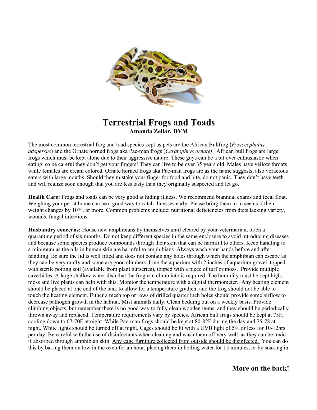 Terrestrial Frogs and Toads Amanda Zellar, DVM