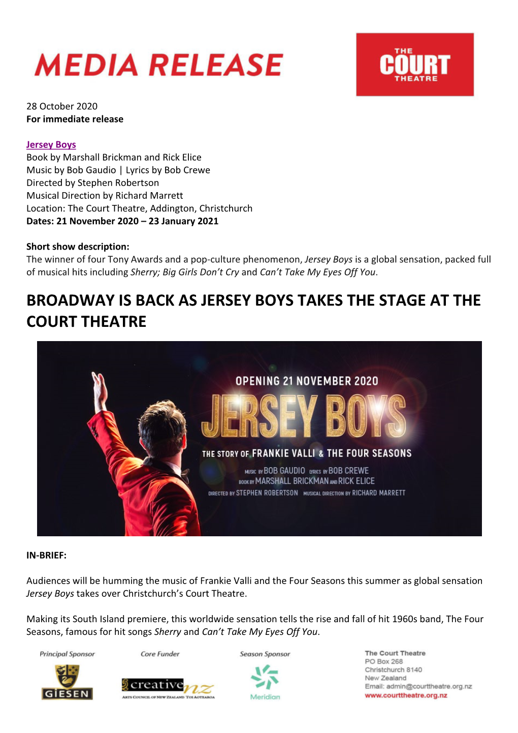 Broadway Is Back As Jersey Boys Takes the Stage at the Court Theatre
