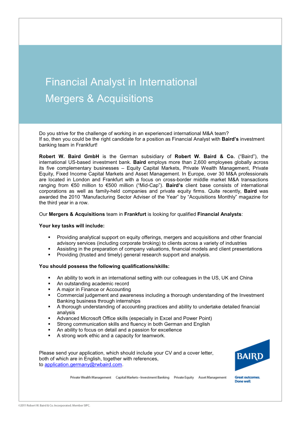 Financial Analyst in International Mergers & Acquisitions