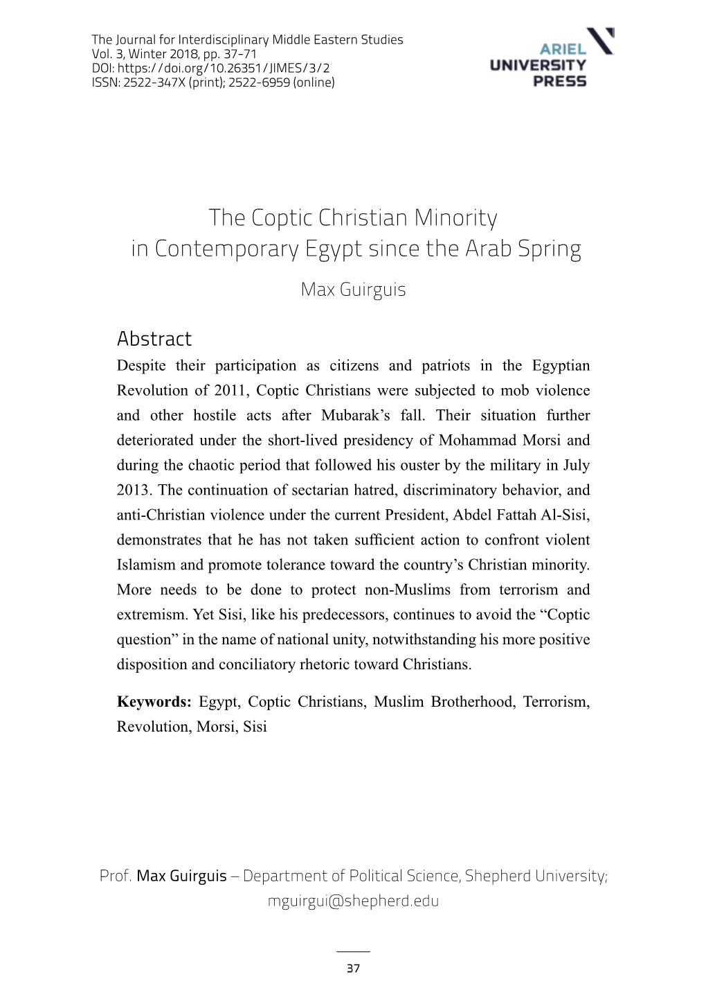 The Coptic Christian Minority in Contemporary Egypt Since the Arab Spring