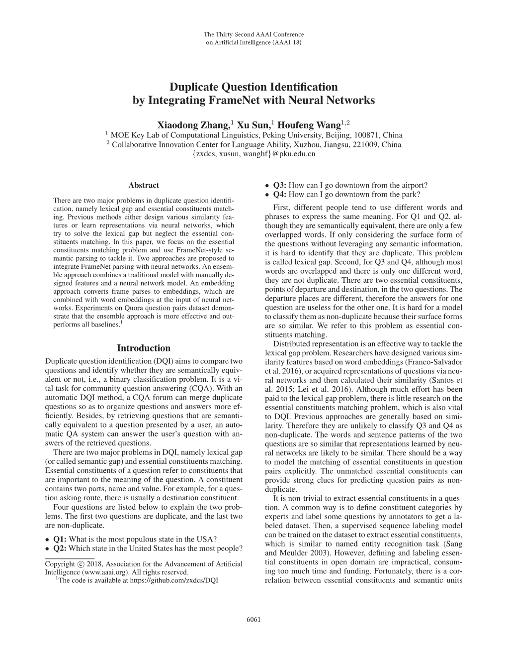 Duplicate Question Identification by Integrating Framenet with Neural