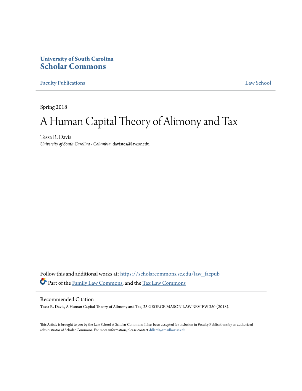 A Human Capital Theory of Alimony and Tax Tessa R