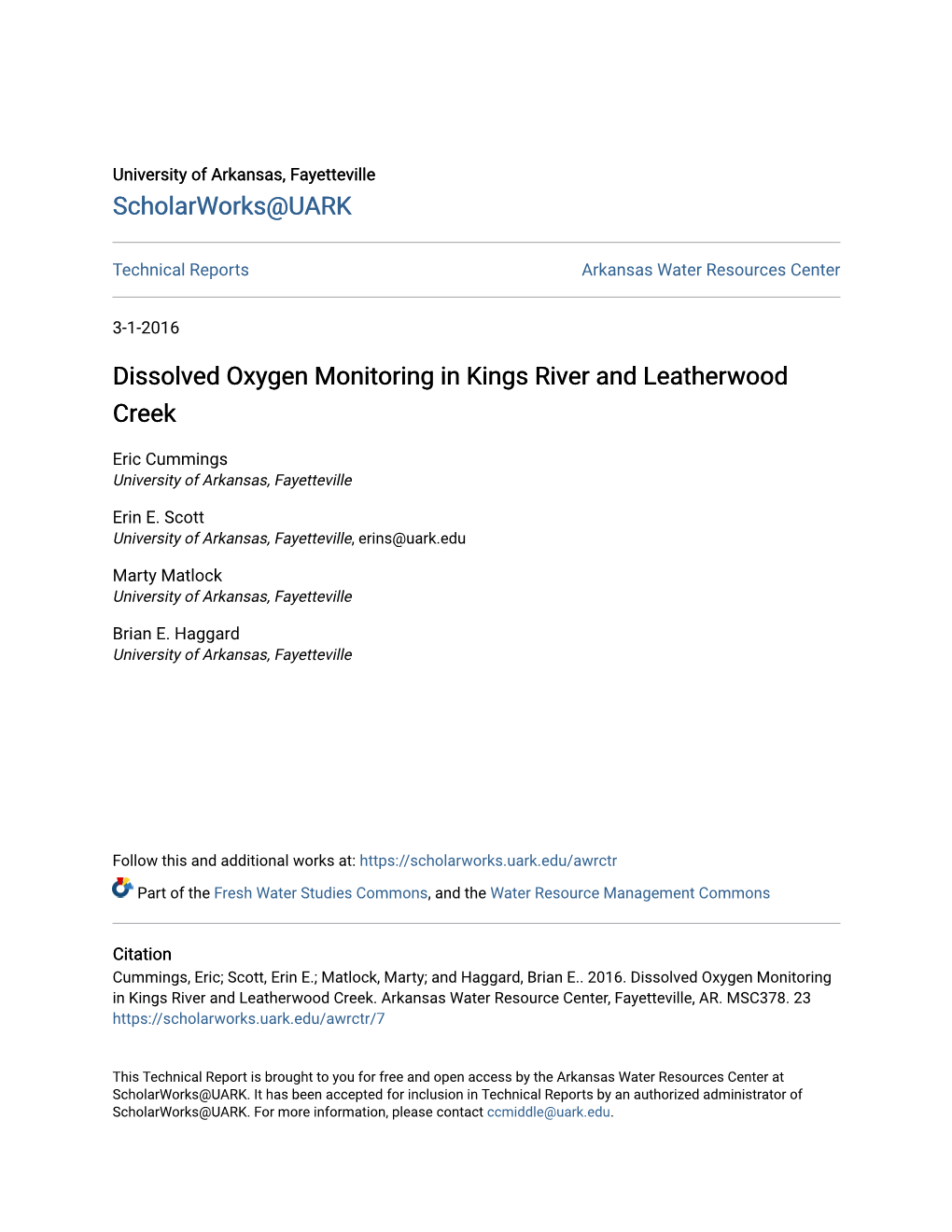 Dissolved Oxygen Monitoring in Kings River and Leatherwood Creek