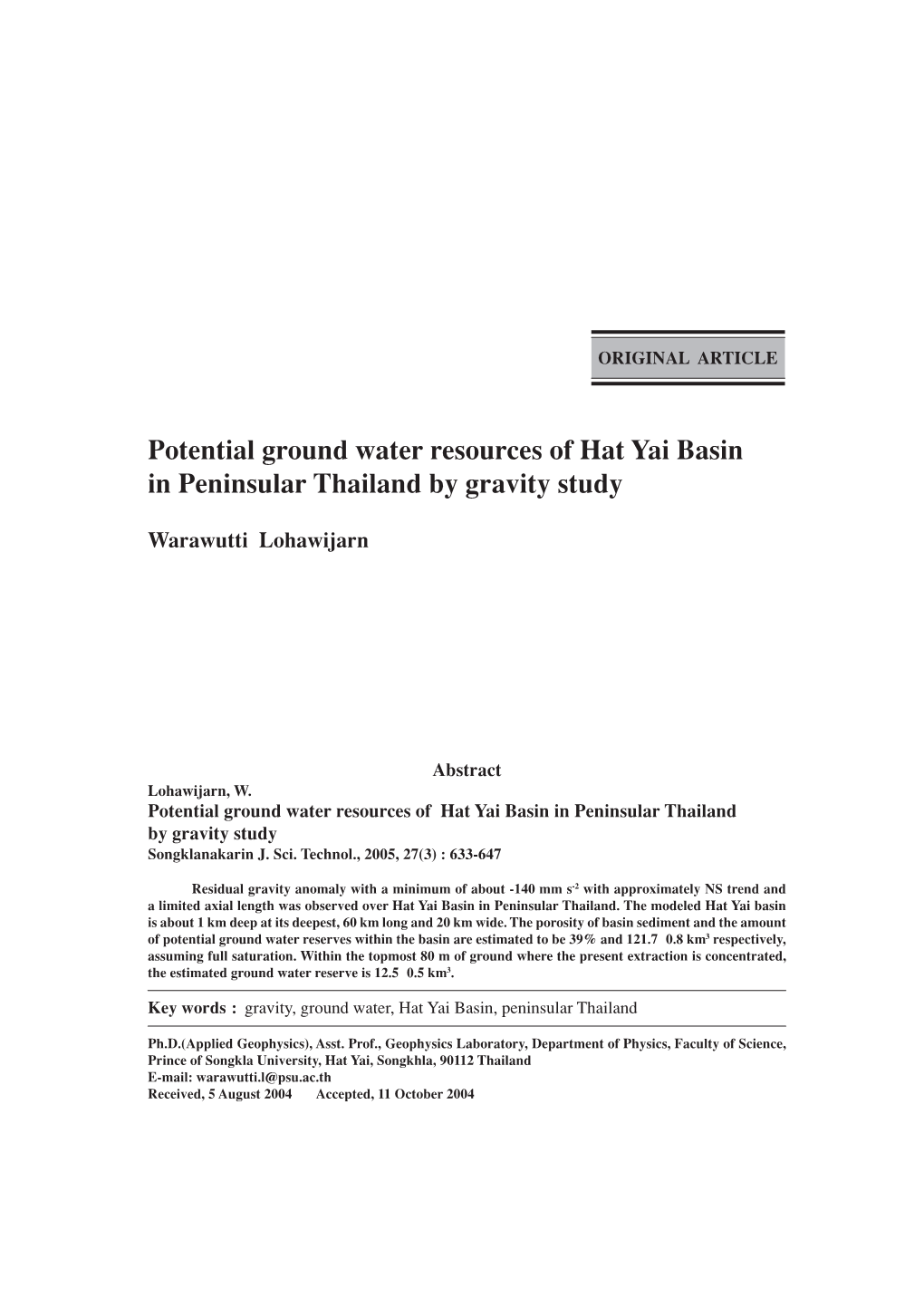 Potential Ground Water Resources of Hat Yai Basin in Peninsular Thailand by Gravity Study
