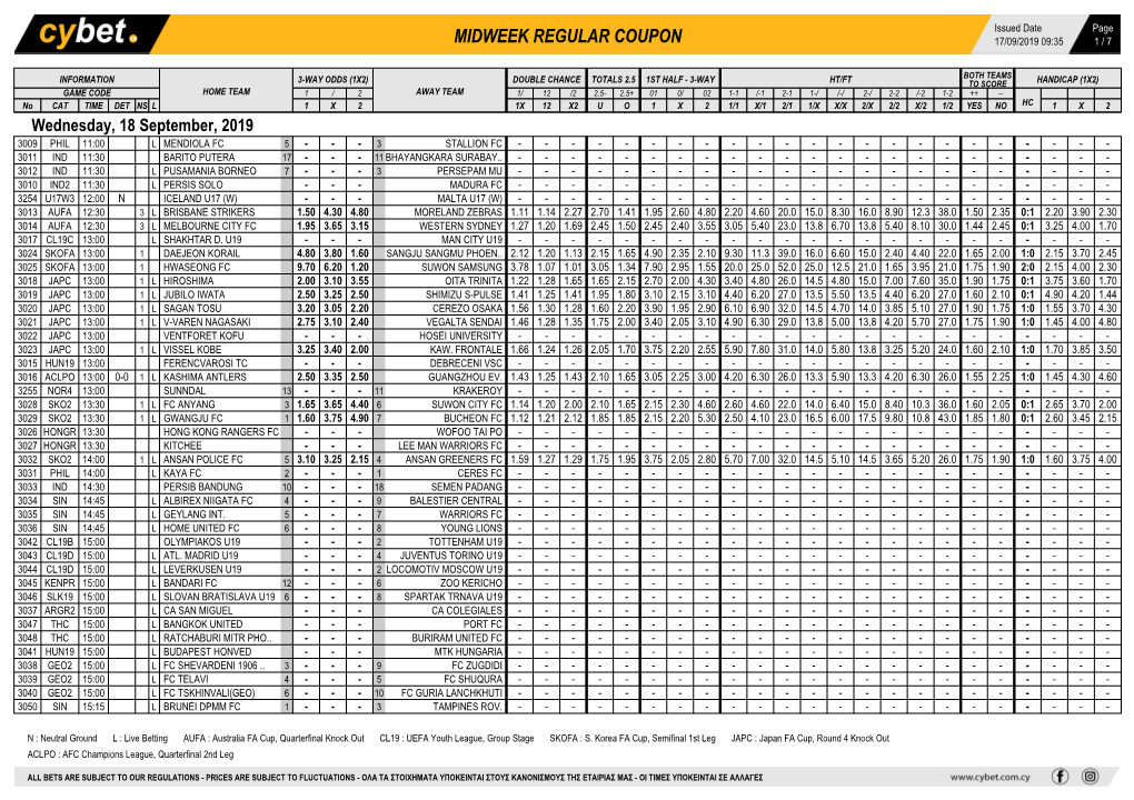 Midweek Regular Coupon 17/09/2019 09:35 1 / 7