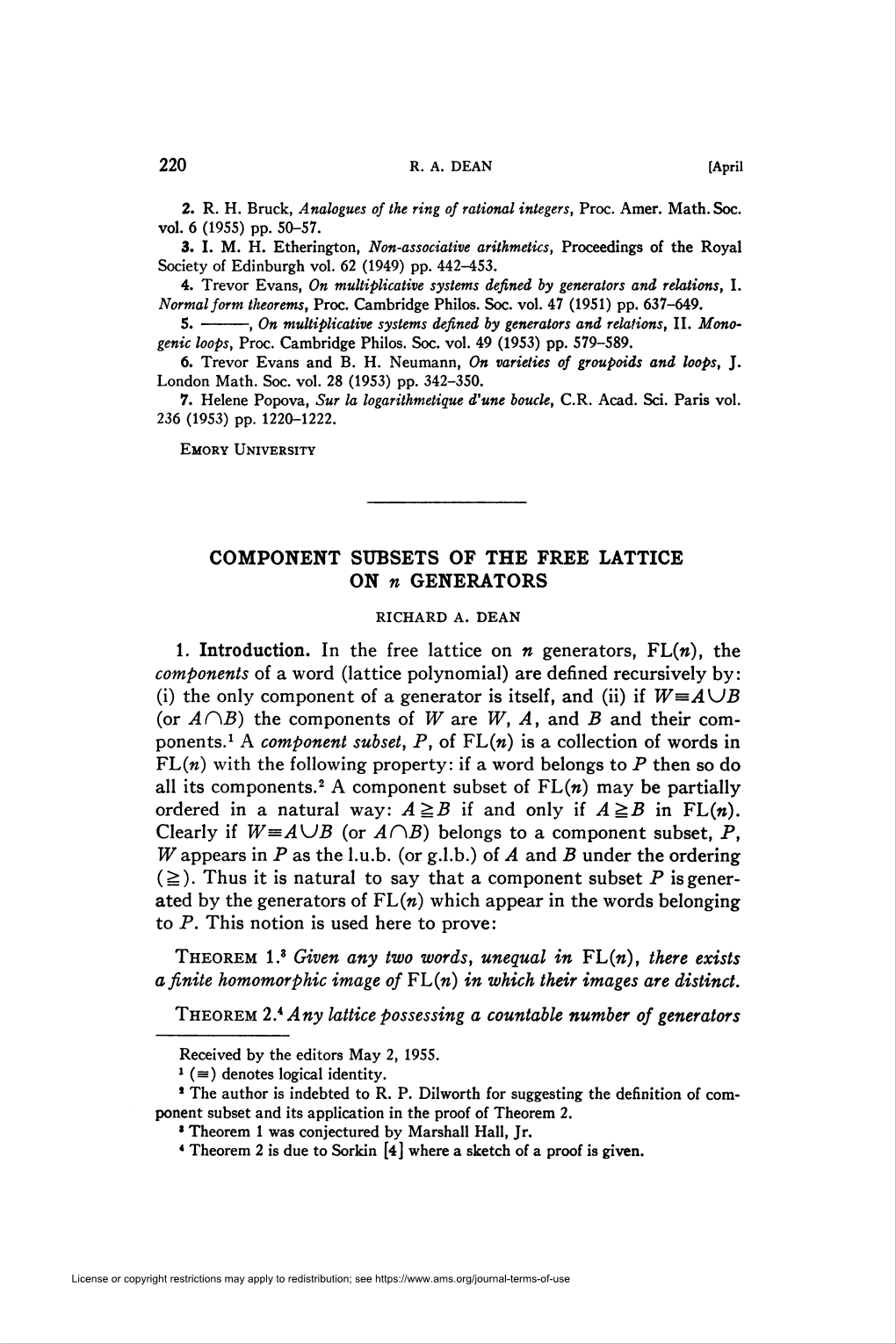 COMPONENT SUBSETS of the FREE LATTICE on N GENERATORS