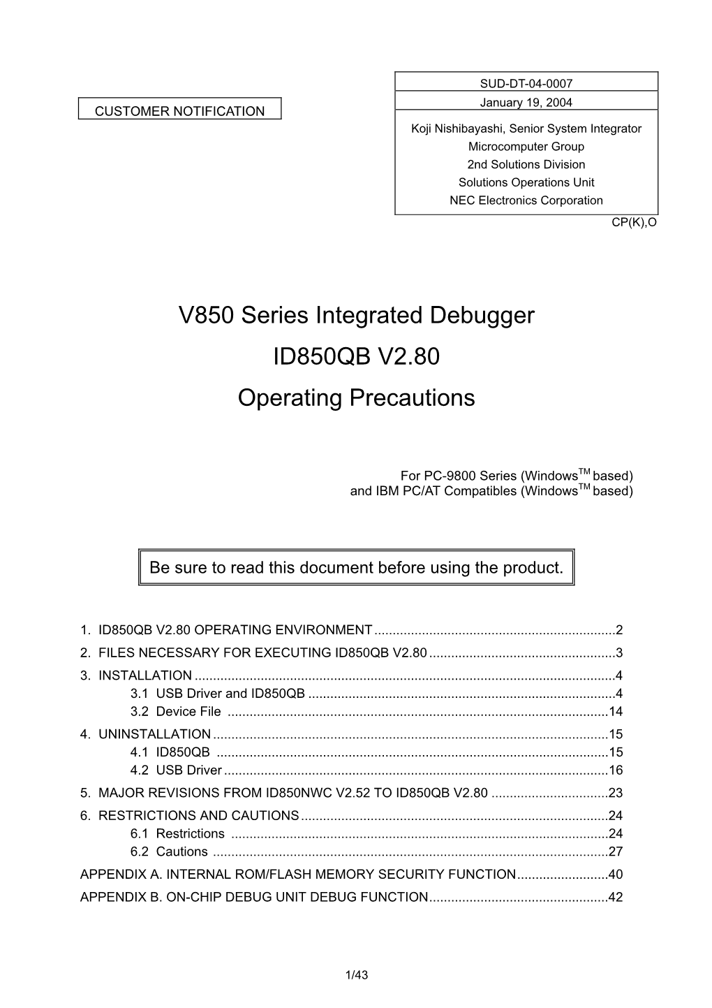 V850 Series Integrated Debugger ID850QB V2.80 Operating Precautions