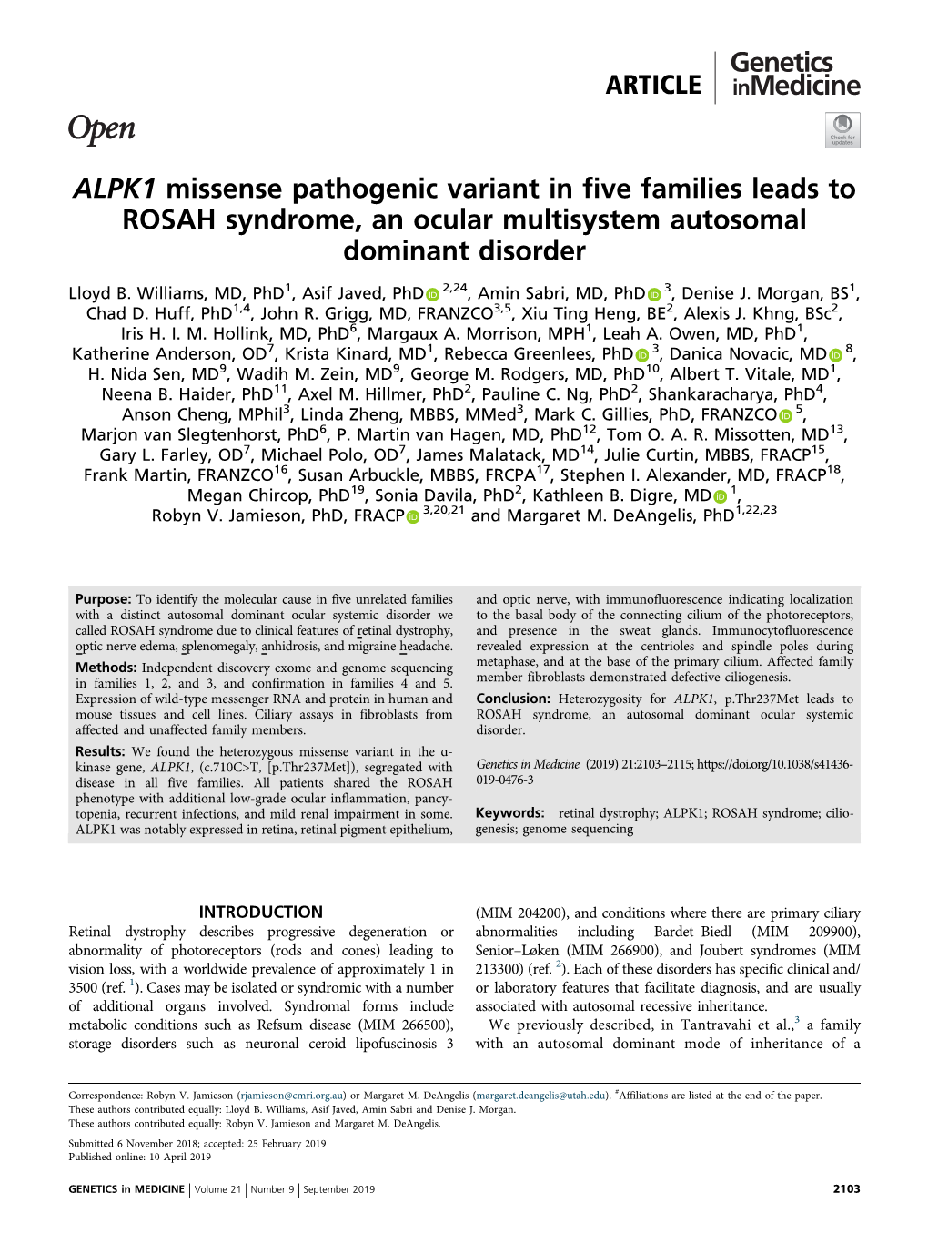 ALPK1 Missense Pathogenic Variant in Five Families Leads to ROSAH Syndrome, an Ocular Multisystem Autosomal Dominant Disorder