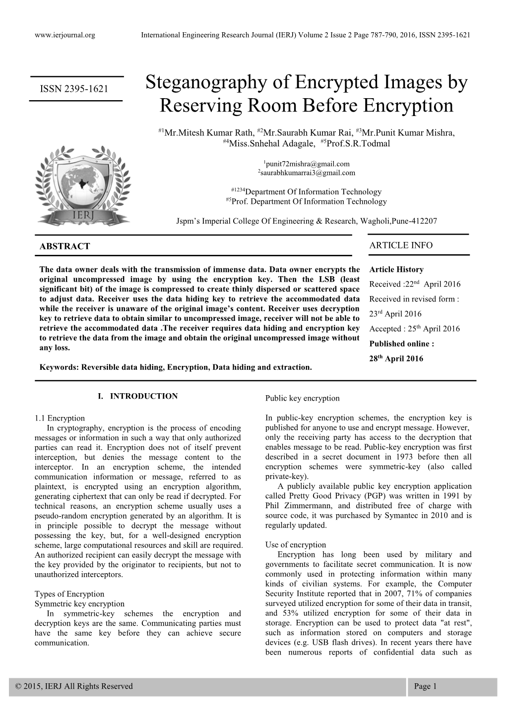 Steganography of Encrypted Images by Reserving Room Before Encryption