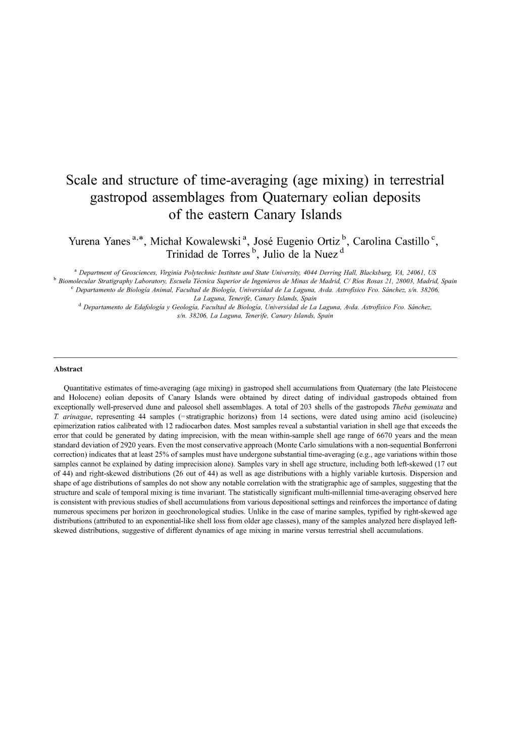 Scale and Structure of Time-Averaging (Age Mixing) in Terrestrial Gastropod Assemblages from Quaternary Eolian Deposits of the Eastern Canary Islands