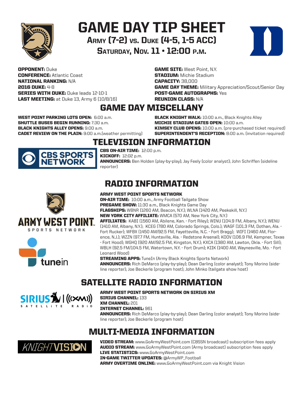 Game Day Tip Sheet Ar M Y (7-2) V S