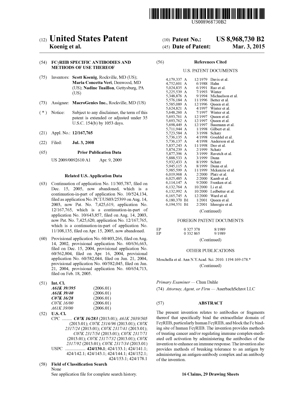 (12) United States Patent (10) Patent No.: US 8,968,730 B2 Koenig Et Al