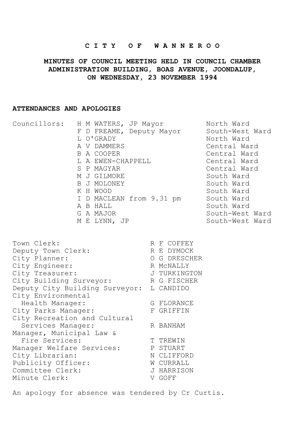 Ordinary Meeting of Council, to Be Held on Wednesday, 9 November 1994