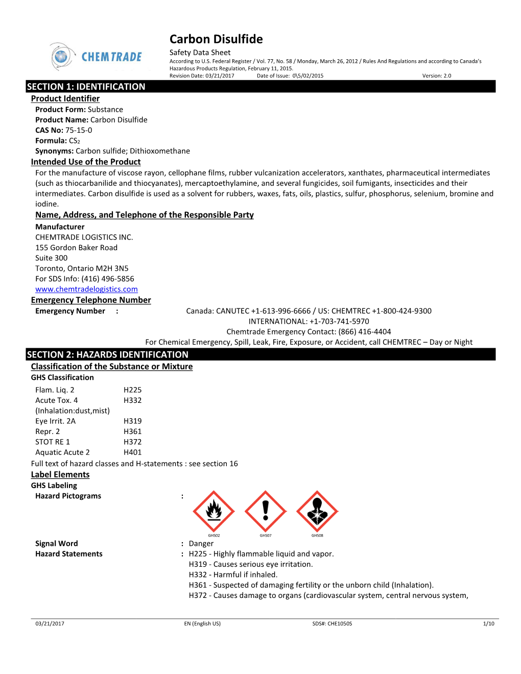 Carbon Disulfide Safety Data Sheet According to U.S