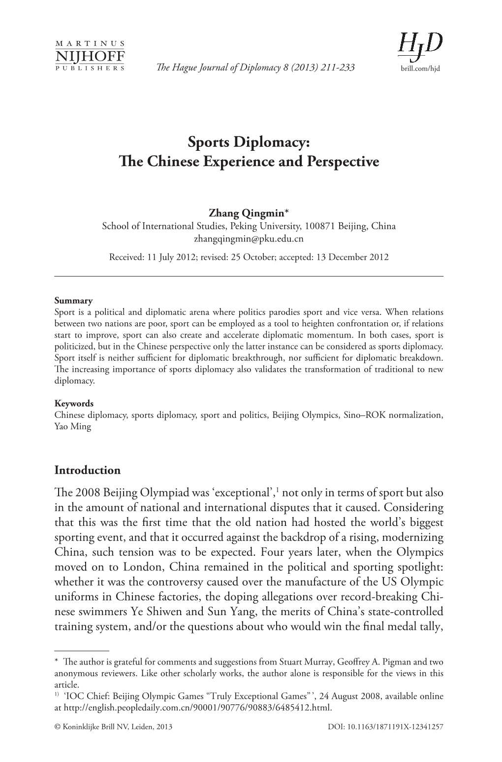 Sports Diplomacy: the Chinese Experience and Perspective