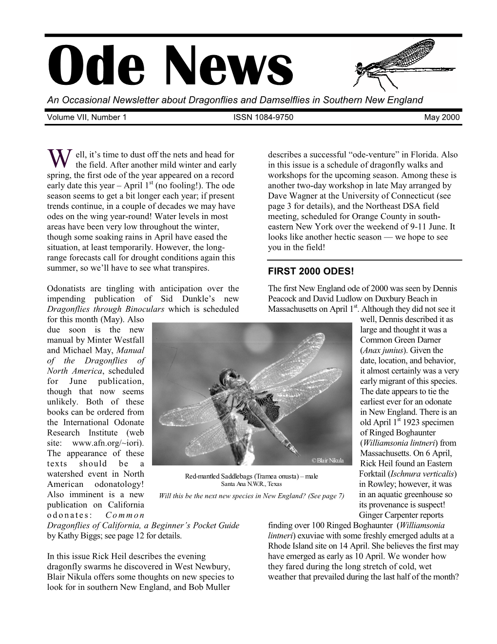 FIRST 2000 ODES! an Occasional Newsletter About Dragonflies and Damselflies in Southern New England