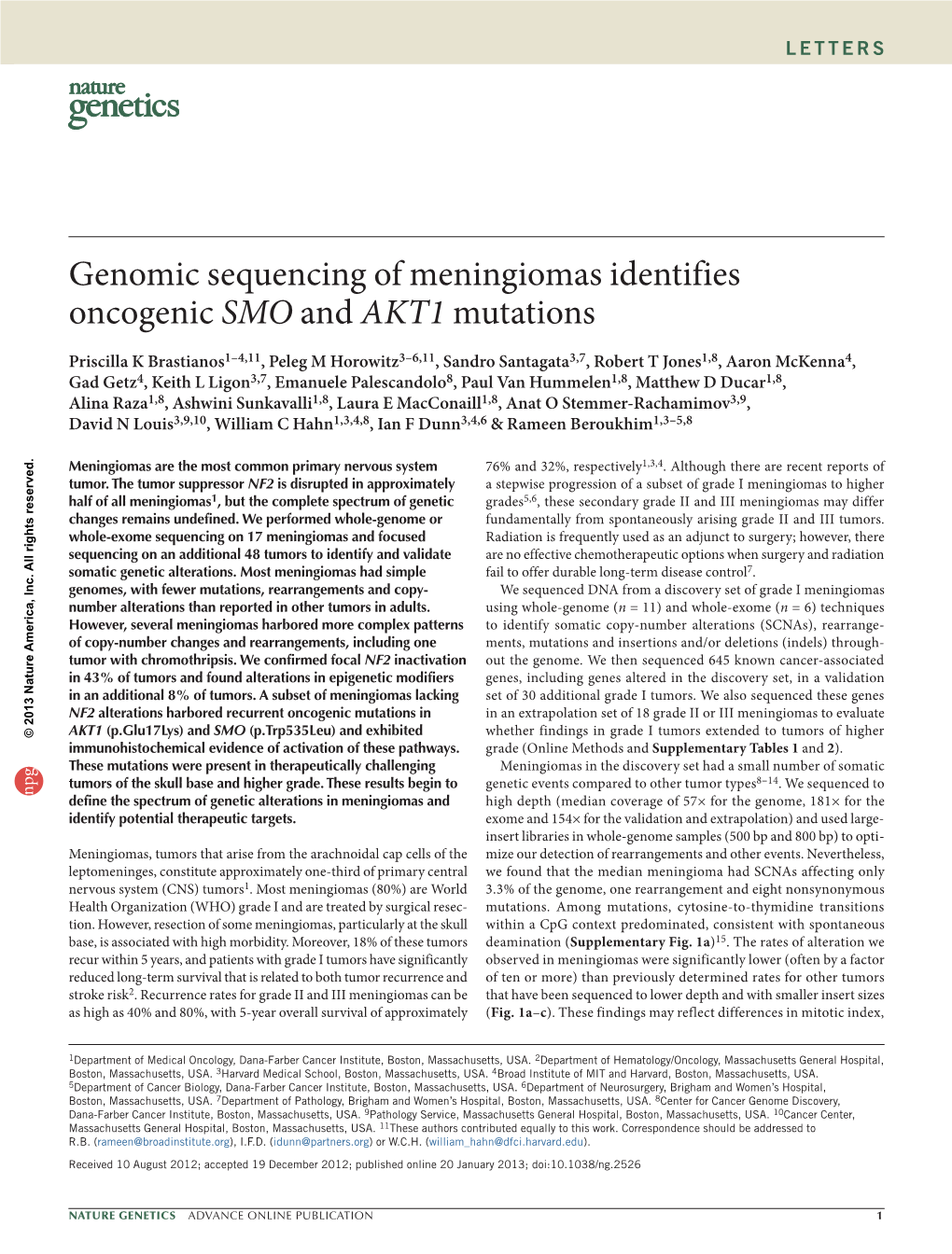 Genomic Sequencing of Meningiomas Identifies Oncogenic SMO and AKT1 Mutations
