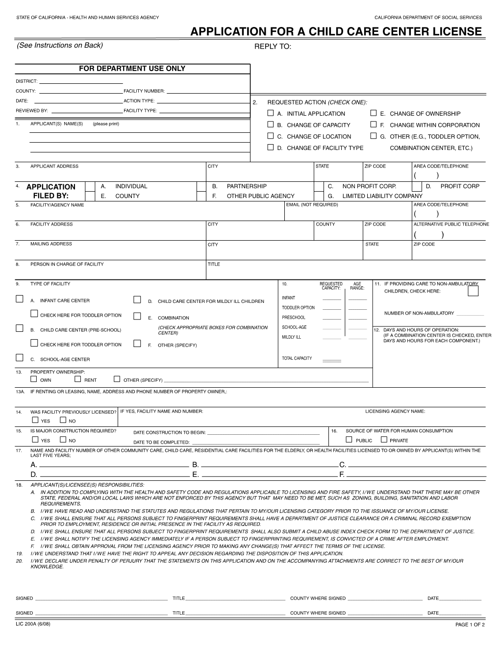 APPLICATION for a CHILD CARE CENTER LICENSE (See Instructions on Back) REPLY TO