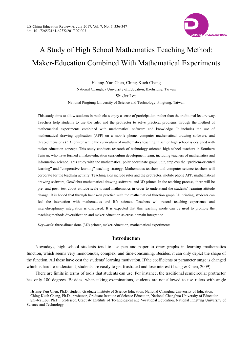 A Study of High School Mathematics Teaching Method: Maker-Education Combined with Mathematical Experiments