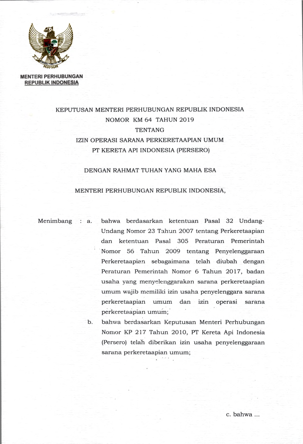 Keputusan Menteri Perhubungan Republik Indonesia Nomor Km 64 Tahun 2019 Tentang Izin Operasi Sarana Perkeretaapian Umum Pt Kereta Api Indonesia (Persero)