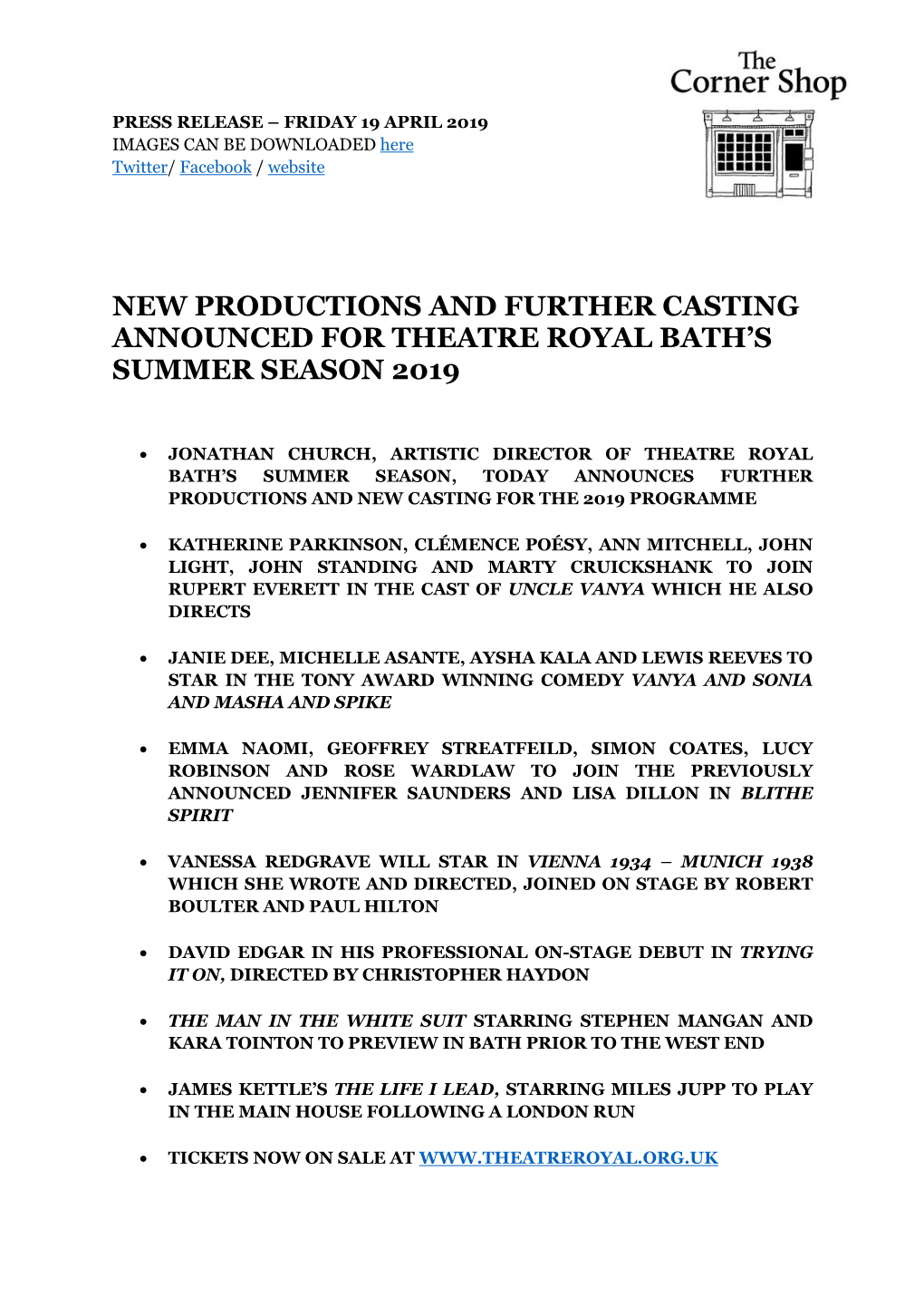 New Productions and Further Casting Announced for Theatre Royal Bath’S Summer Season 2019