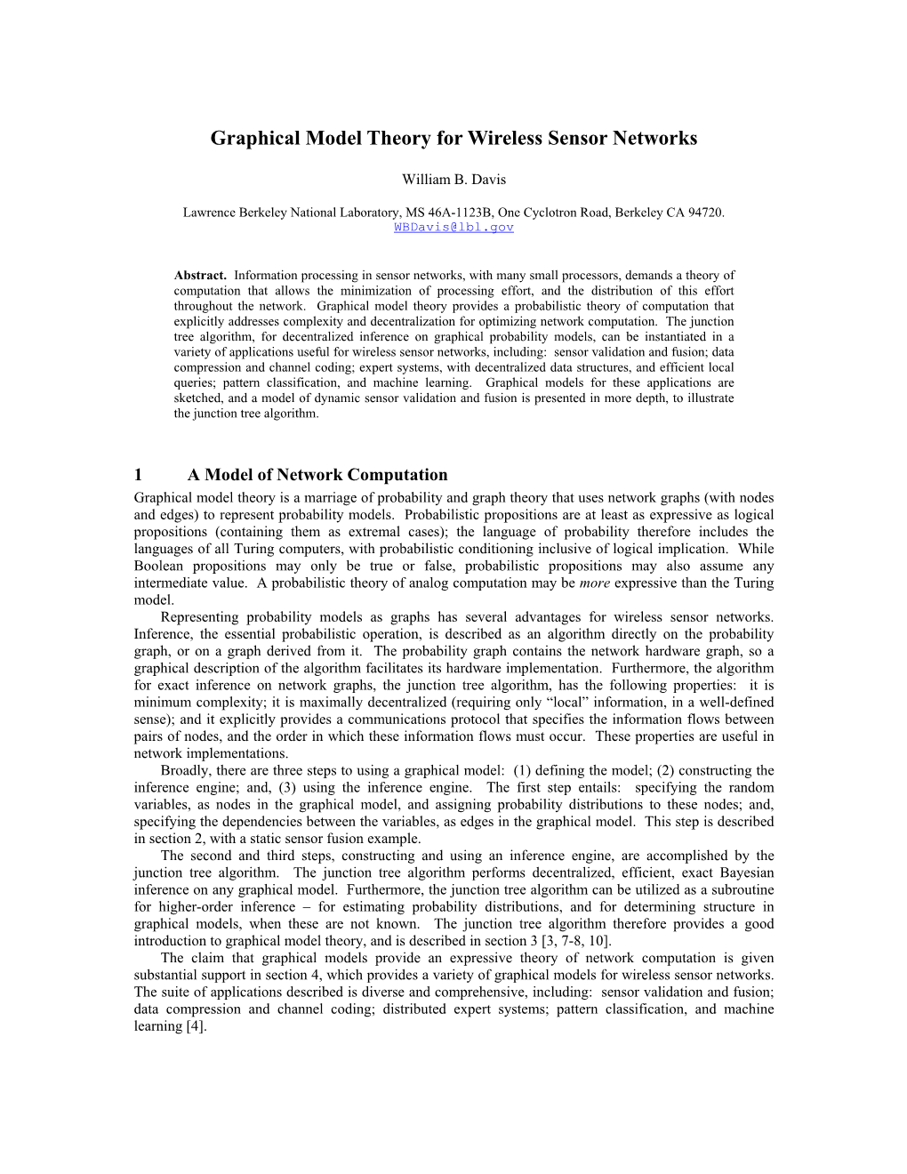 Graphical Model Theory for Wireless Sensor Networks