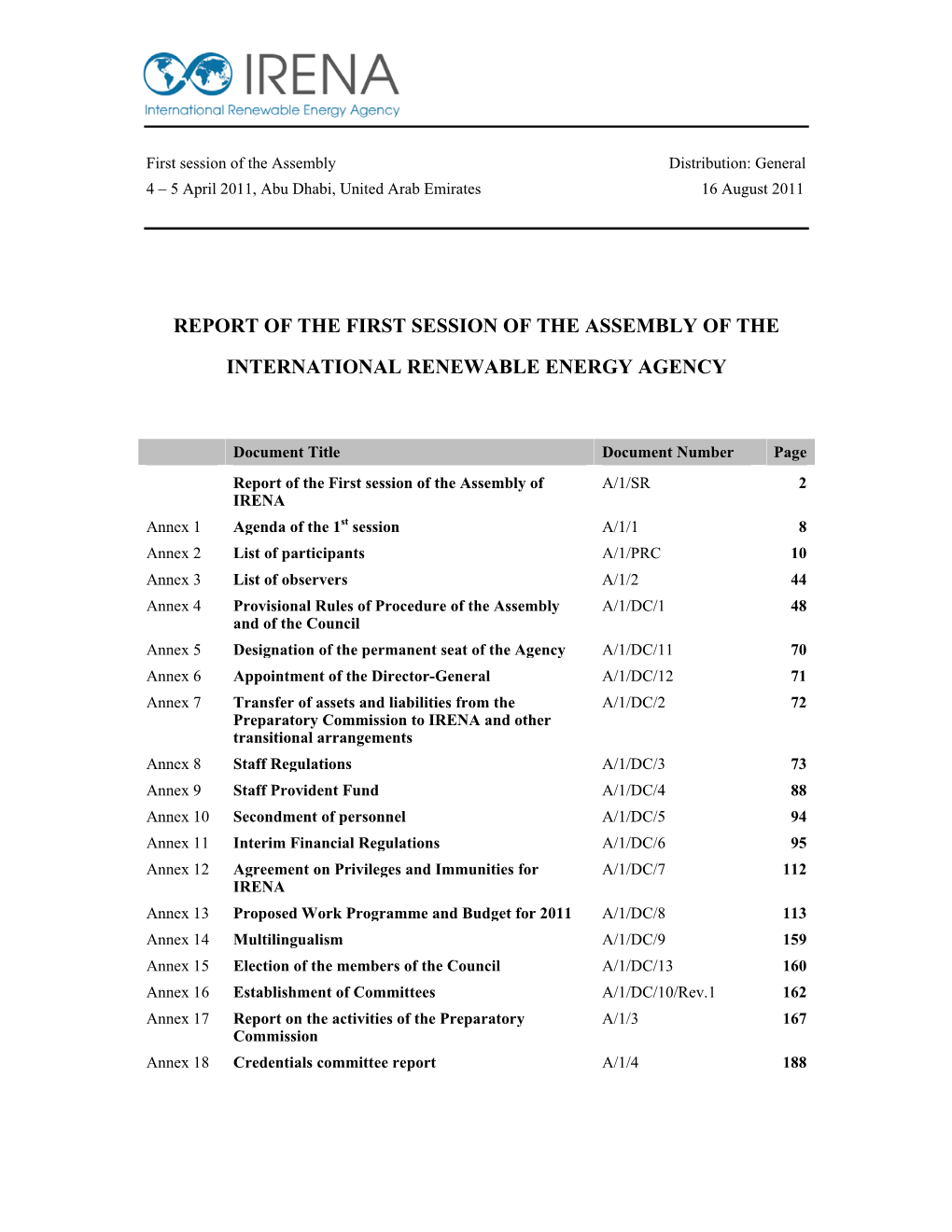 Report of the First Session of the Assembly of The