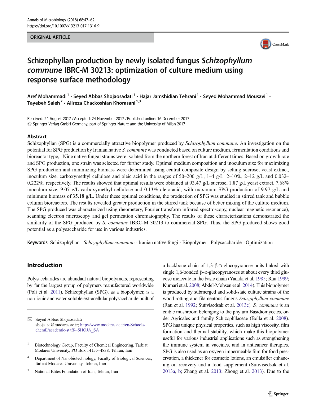 Schizophyllan Production by Newly Isolated Fungus Schizophyllum Commune IBRC-M 30213: Optimization of Culture Medium Using Response Surface Methodology