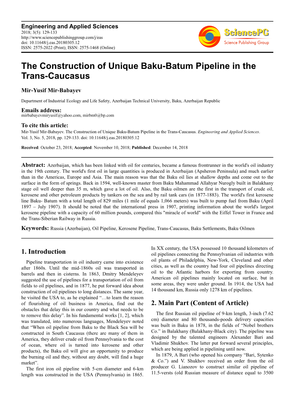 The Construction of Unique Baku-Batum Pipeline in the Trans-Caucasus