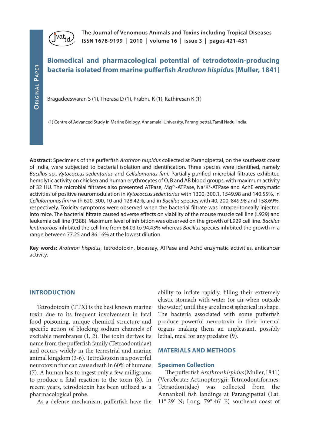 Biomedical and Pharmacological Potential of Tetrodotoxin-Producing Bacteria Isolated from Marine Pufferfish Arothron Hispidus (Muller, 1841)