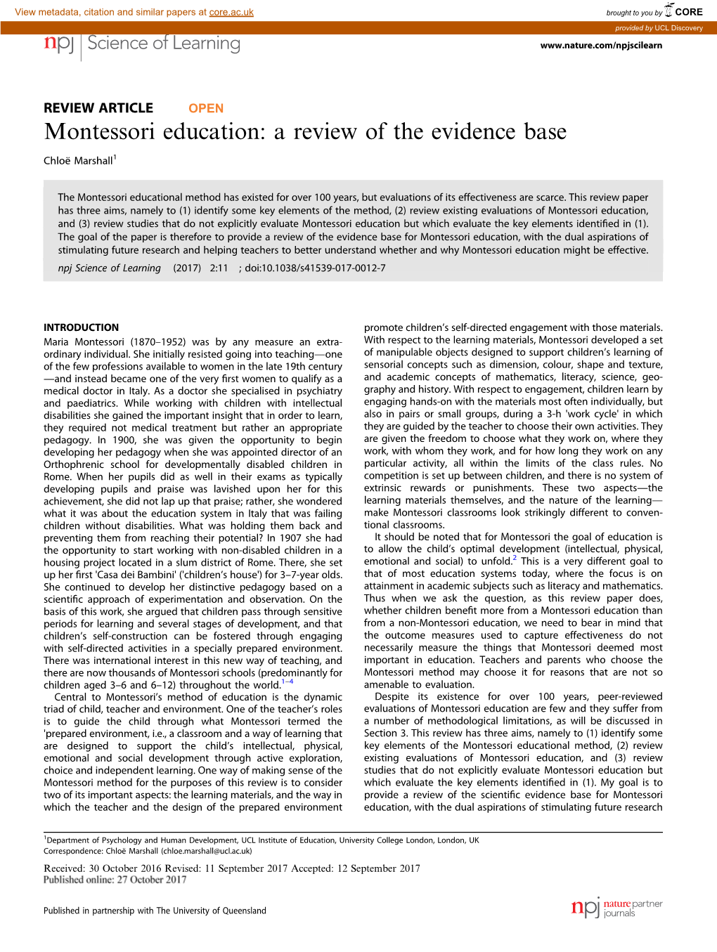 Montessori Education: a Review of the Evidence Base