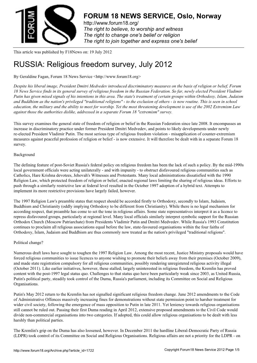 RUSSIA: Religious Freedom Survey, July 2012