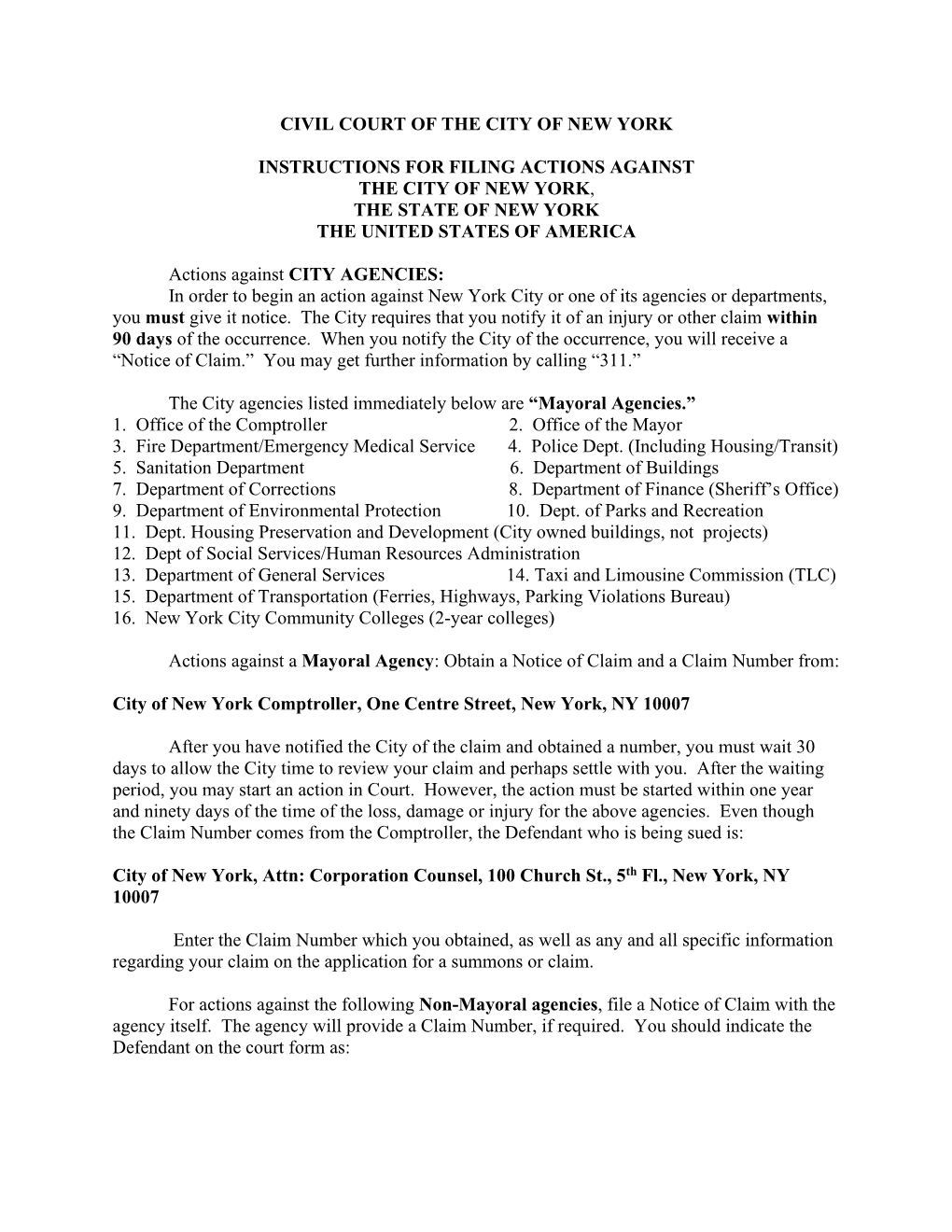 Instructions for Filing Actions Against the City of New York, the State of New York the United States of America