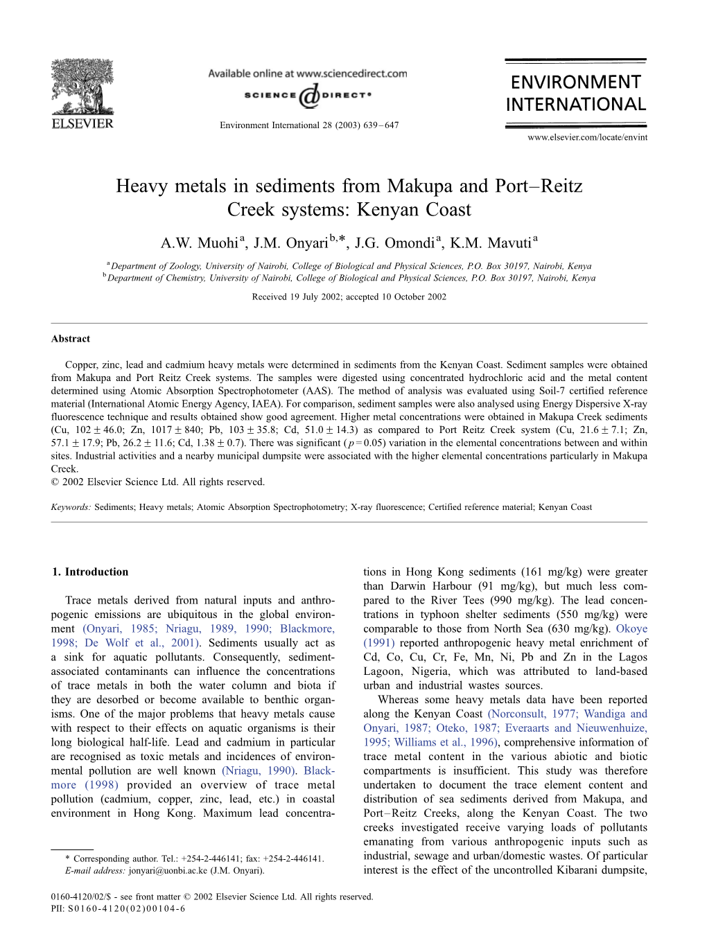 Heavy Metals in Sediments from Makupa and Port–Reitz Creek Systems: Kenyan Coast