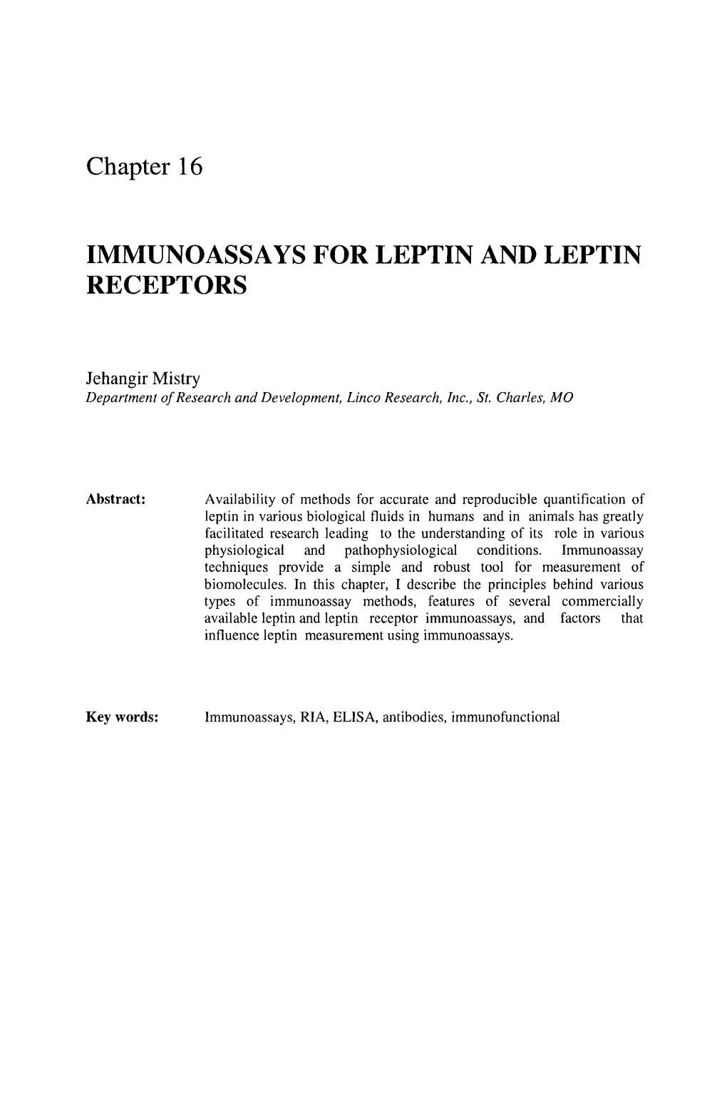 Chapter 16 IMMUNOASSAYS for LEPTIN and LEPTIN RECEPTORS