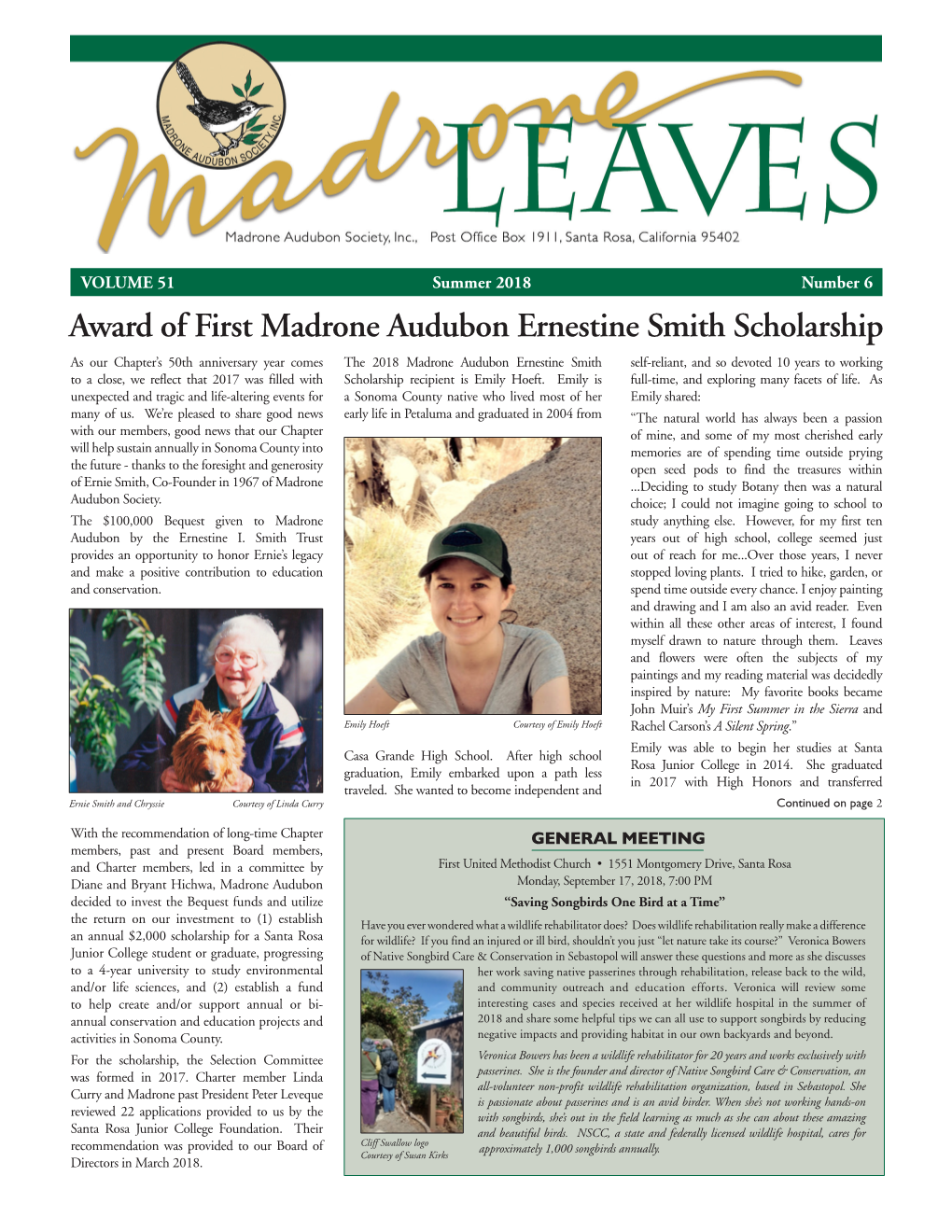 Award of First Madrone Audubon Ernestine Smith Scholarship